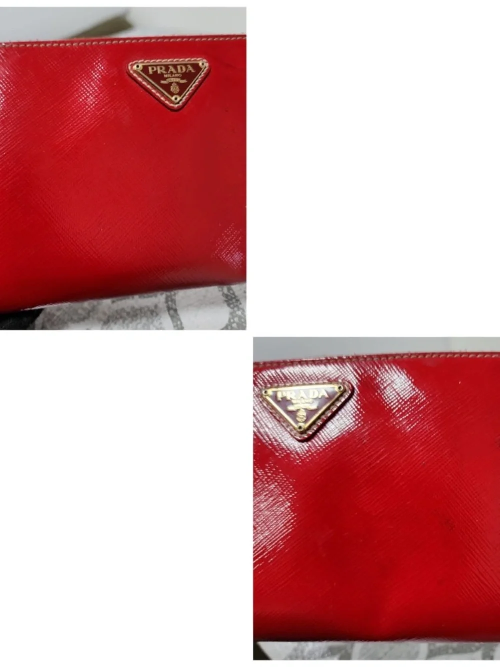 Authentic PRADA Patent Saffiano Triangle Large Zip Around Travel Wallet Red